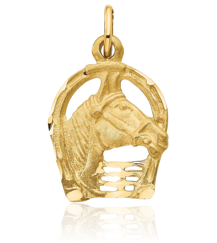 14K Solid Yellow Gold Horse Head Lucky Horseshoe Necklace Animal Lover Pendant Equestrian Charm