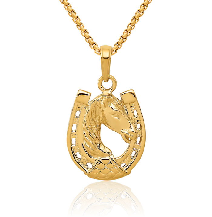 14K Solid Yellow Gold Horse Head Lucky Horseshoe Necklace Animal Lover Pendant Equestrian Charm