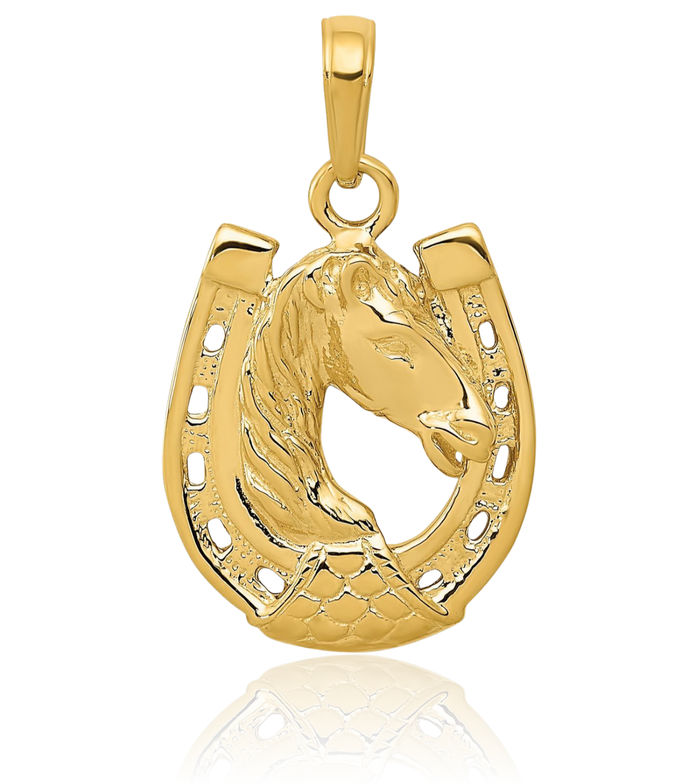 14K Solid Yellow Gold Horse Head Lucky Horseshoe Necklace Animal Lover Pendant Equestrian Charm