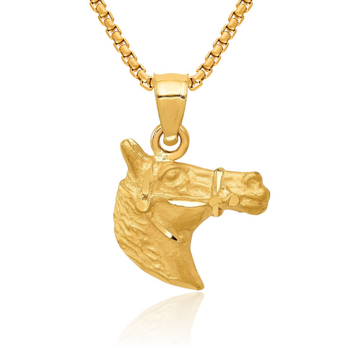 14K Solid Yellow Gold Horse Head Necklace Animal Lover Pendant Equestrian Charm