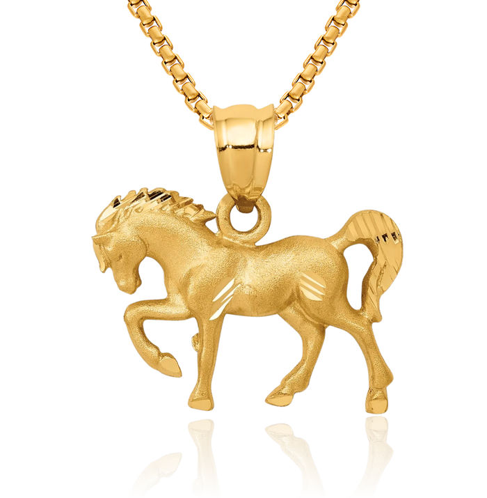 14K Solid Yellow Gold Horse Head Necklace Animal Lover Pendant Equestrian Charm