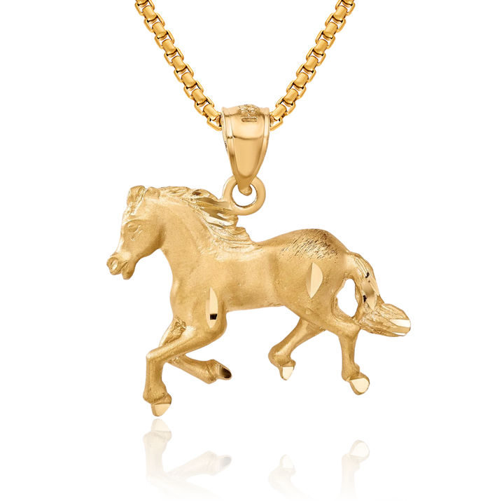 14K Solid Yellow Gold Horse Head Necklace Animal Lover Pendant Equestrian Charm