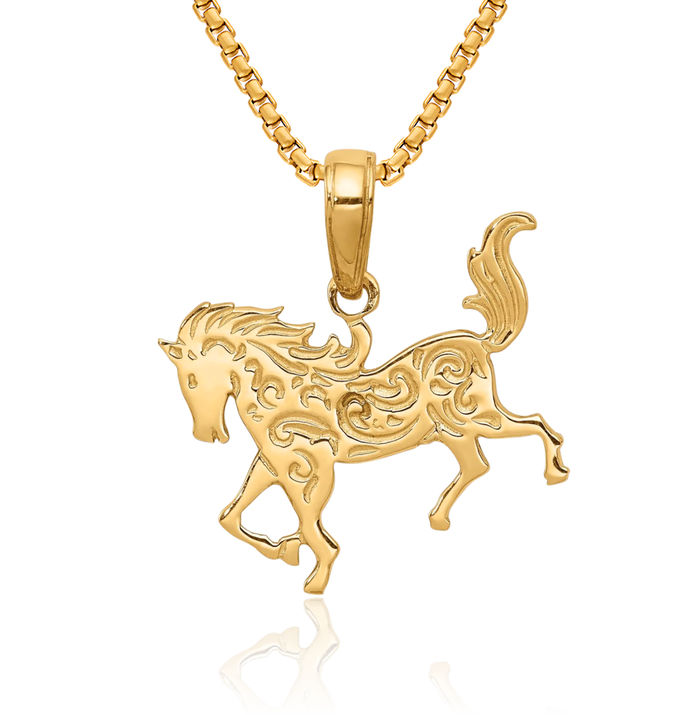 14K Solid Yellow Gold Horse Head Necklace Animal Lover Pendant Equestrian Charm