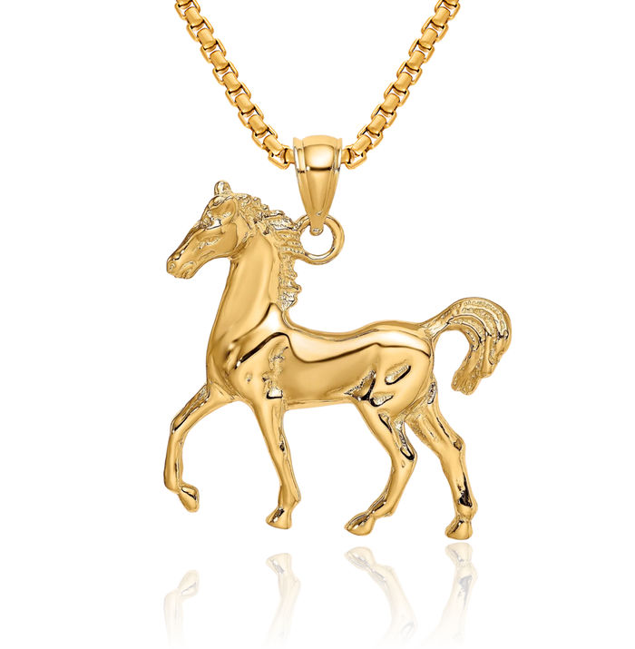 14K Solid Yellow Gold Horse Head Necklace Animal Lover Pendant Equestrian Charm