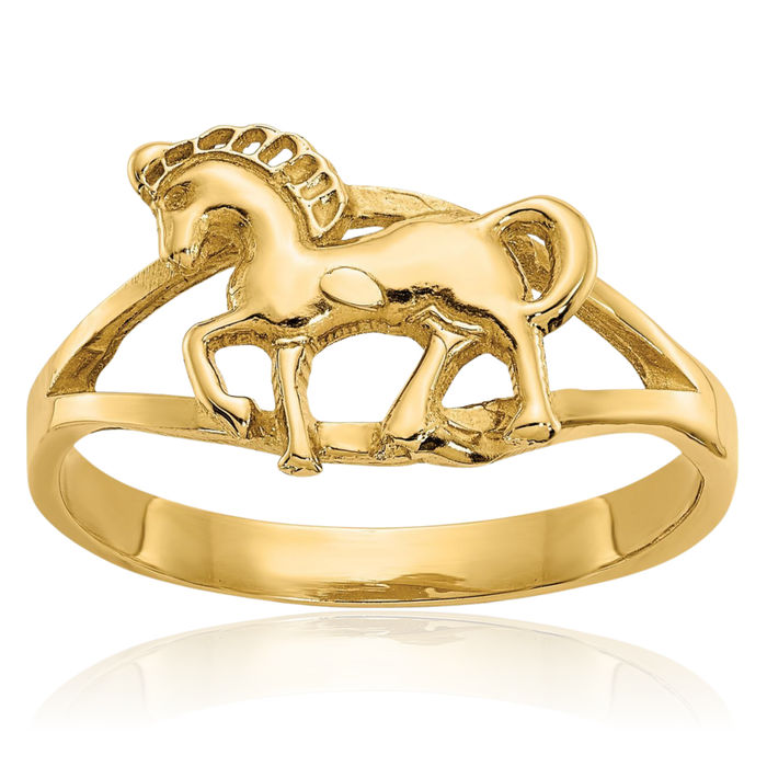 14K Solid Yellow Gold Horse Head Ring Animal Lover Equestrian Band