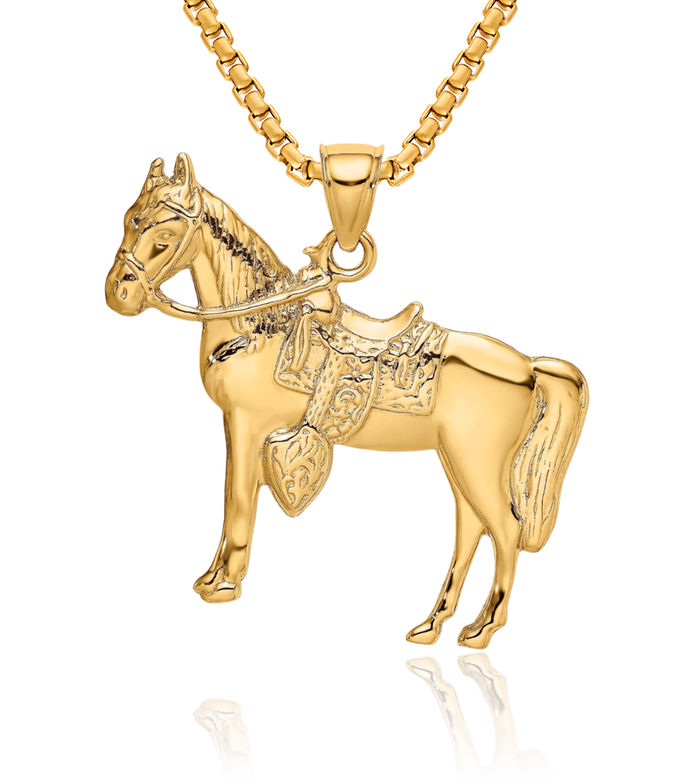 14K Solid Yellow Gold Horse Head Saddle Necklace Animal Lover Pendant Equestrian Charm