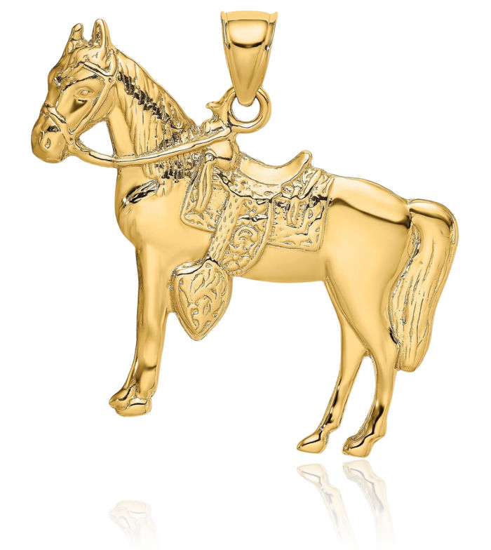 14K Solid Yellow Gold Horse Head Saddle Necklace Animal Lover Pendant Equestrian Charm
