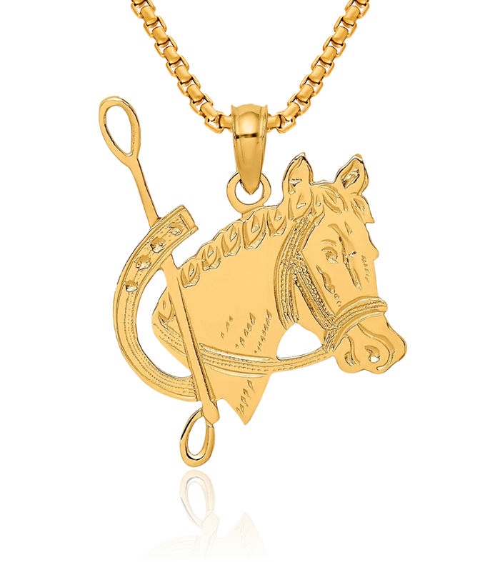 14K Solid Yellow Gold Horse Head Shoe Necklace Animal Lover Pendant Equestrian Charm