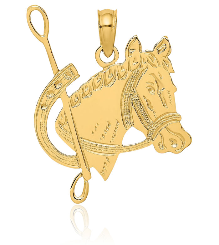 14K Solid Yellow Gold Horse Head Shoe Necklace Animal Lover Pendant Equestrian Charm