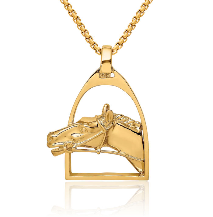 14K Solid Yellow Gold Horse Head Stirrup Necklace Animal Lover Pendant Equestrian Charm