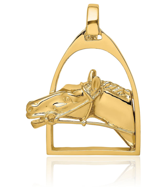 14K Solid Yellow Gold Horse Head Stirrup Necklace Animal Lover Pendant Equestrian Charm