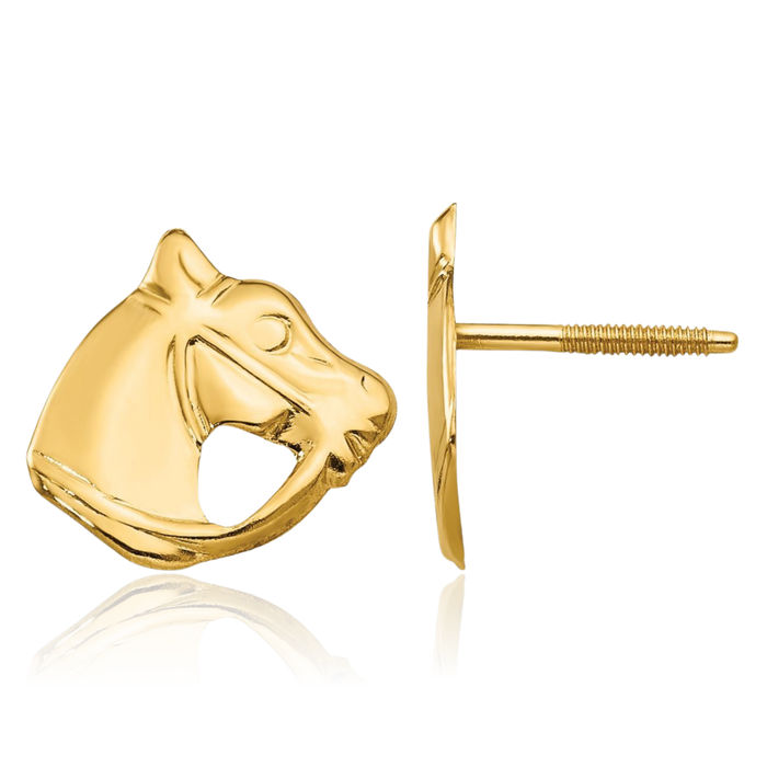 14K Solid Yellow Gold Horse Head Studs Animal Lover Earrings Equestrian Jewelry