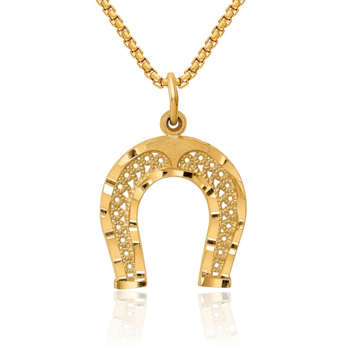 14K Solid Yellow Gold Lucky Horseshoe Necklace Animal Lover Pendant Equestrian Charm