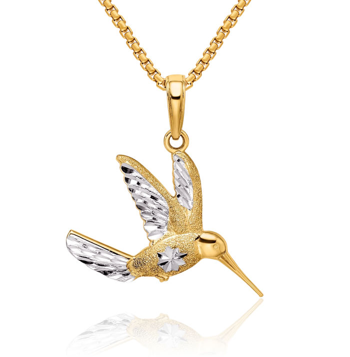 14K Solid Yellow Gold Humming Bird Necklace Chain Pendant Charm