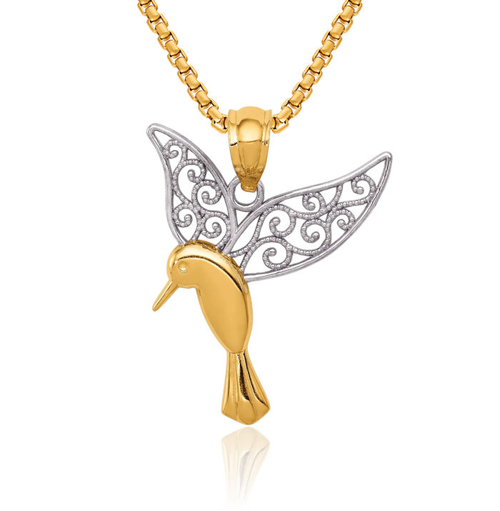14K Solid Yellow Gold Hummingbird Antique Filigree Wings Necklace Bird Pendant Charm
