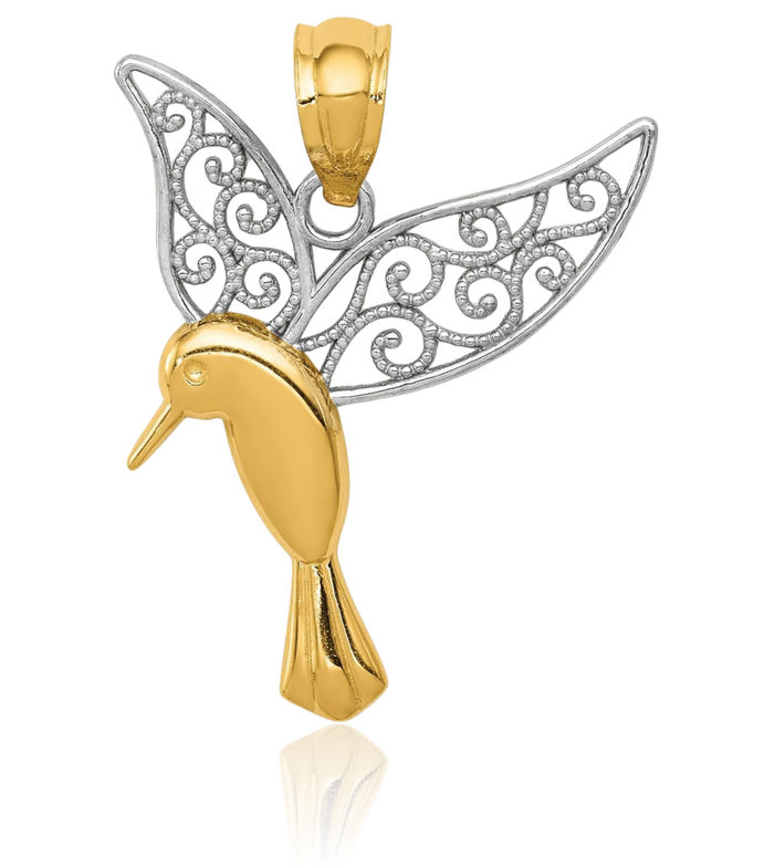 14K Solid Yellow Gold Hummingbird Antique Filigree Wings Necklace Bird Pendant Charm