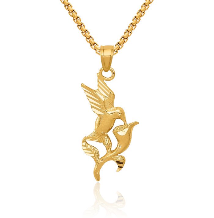 14K Solid Yellow Gold Hummingbird Flower Necklace Bird Pendant Charm