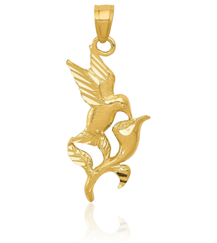 14K Solid Yellow Gold Hummingbird Flower Necklace Bird Pendant Charm