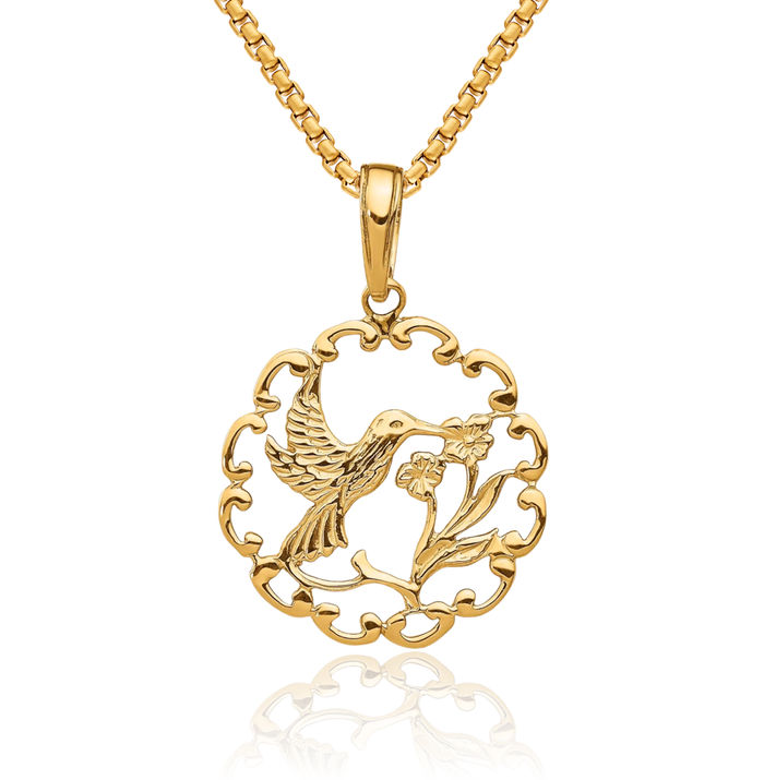 14K Solid Yellow Gold Hummingbird Flower Necklace Bird Pendant Charm