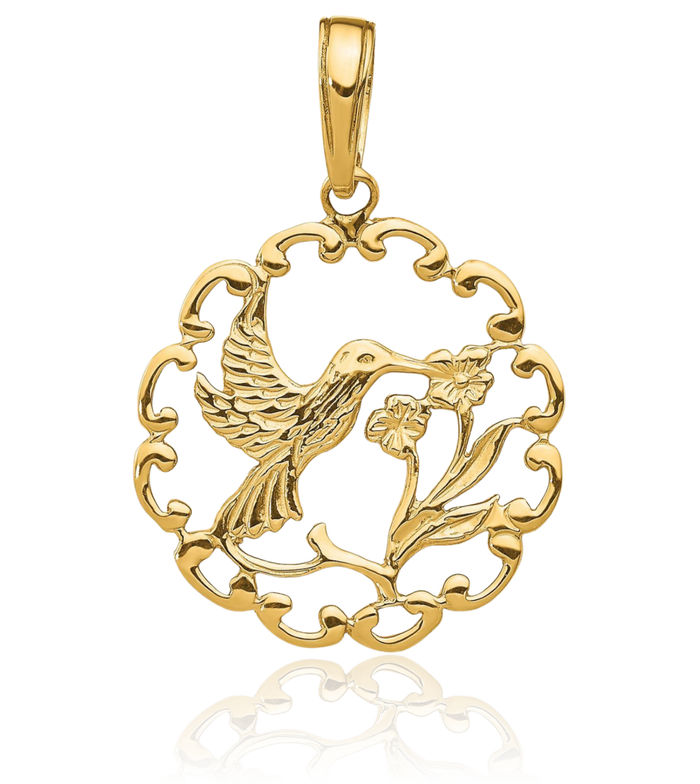 14K Solid Yellow Gold Hummingbird Flower Necklace Bird Pendant Charm