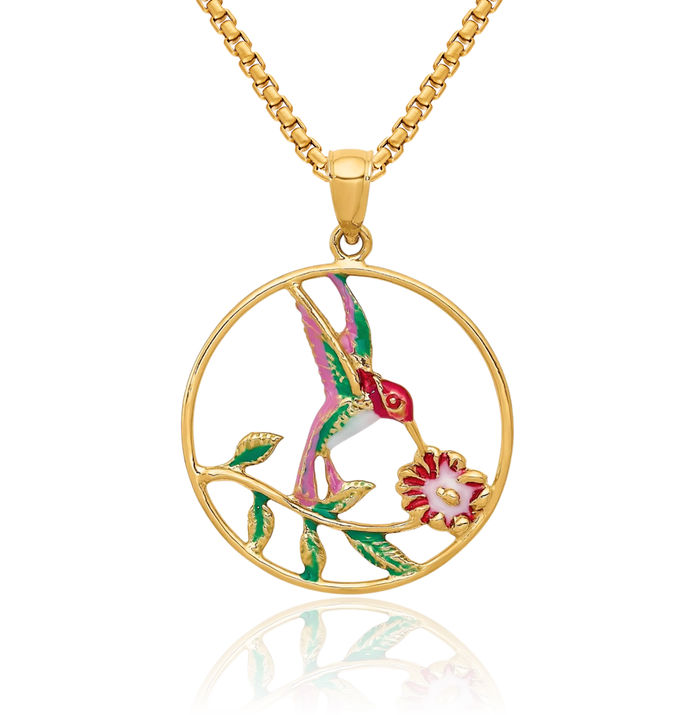 14K Solid Yellow Gold Hummingbird Flower Circle Round Necklace Bird Pendant Charm