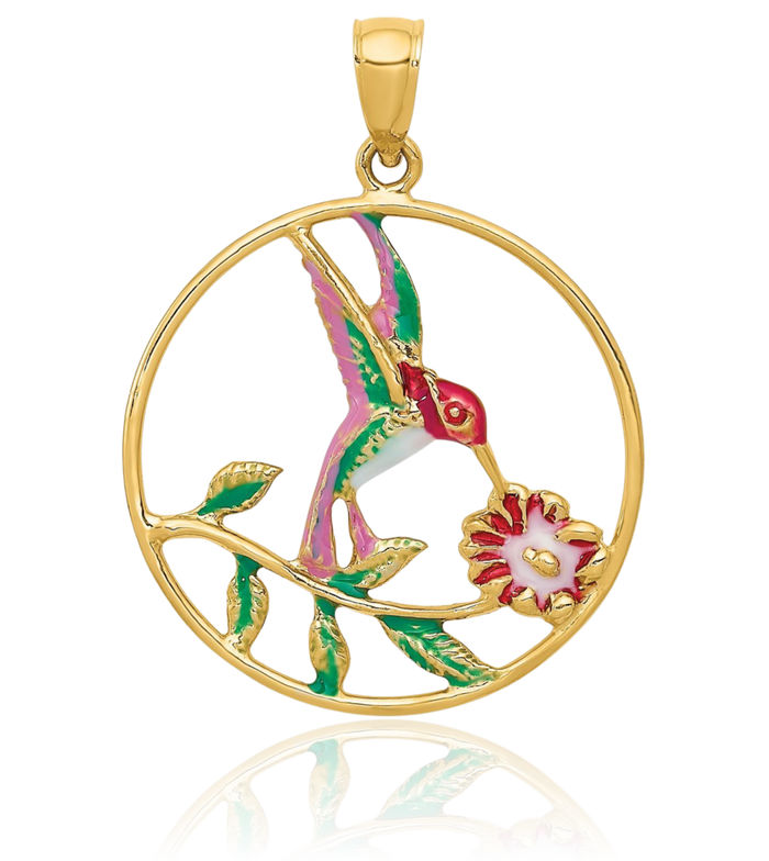 14K Solid Yellow Gold Hummingbird Flower Circle Round Necklace Bird Pendant Charm
