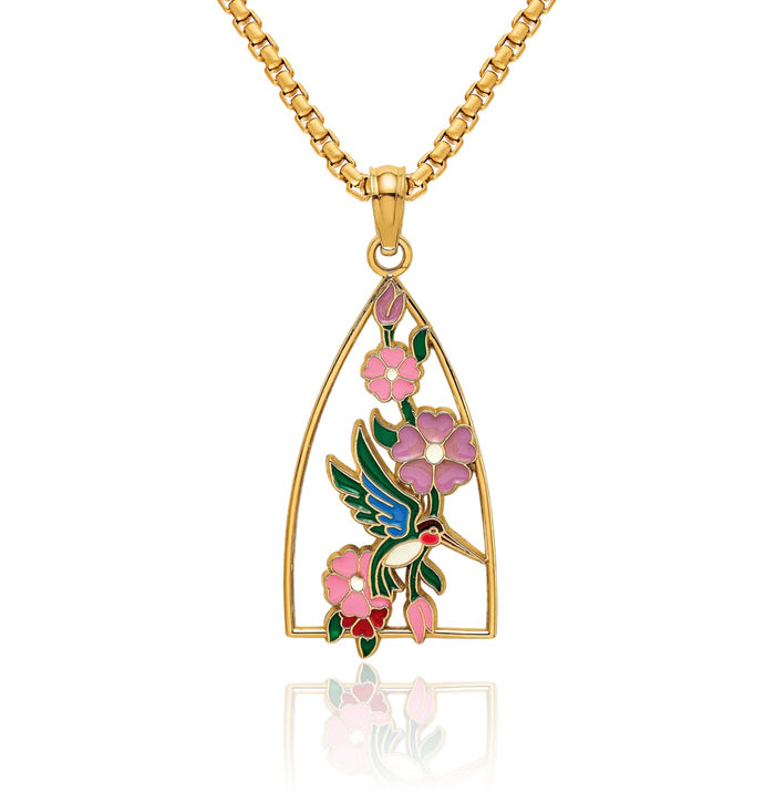 14K Solid Yellow Gold Hummingbird Flowers Necklace Bird Pendant Charm