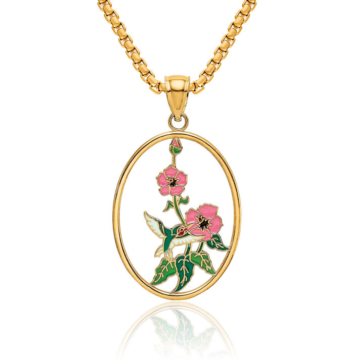 14K Solid Yellow Gold Hummingbird Flowers Oval Necklace Bird Pendant Charm