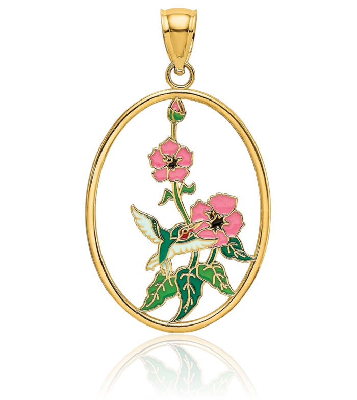 14K Solid Yellow Gold Hummingbird Flowers Oval Necklace Bird Pendant Charm
