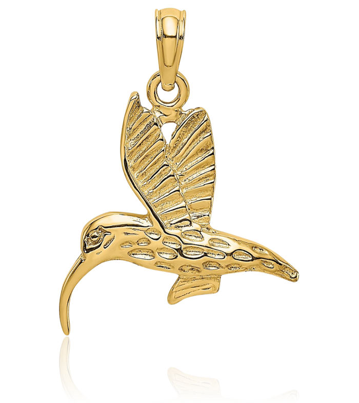 14K Solid Yellow Gold Hummingbird Flying Necklace Bird Pendant Charm