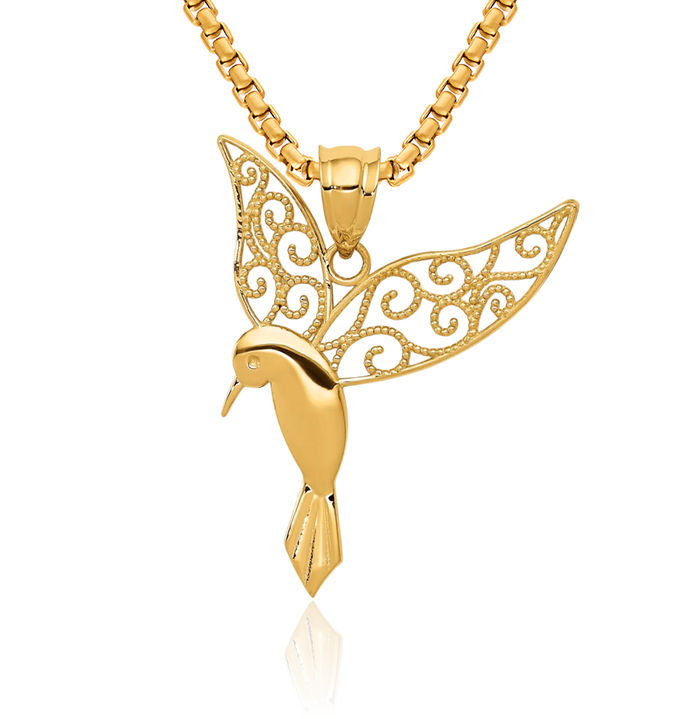 14K Solid Yellow Gold Hummingbird Necklace Bird Pendant Charm