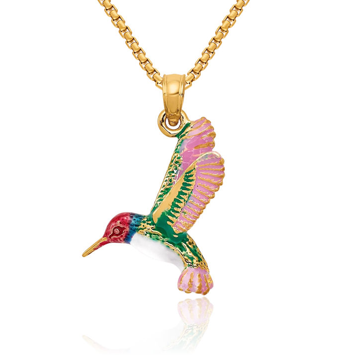 14K Solid Yellow Gold Hummingbird Necklace Bird Pendant Charm