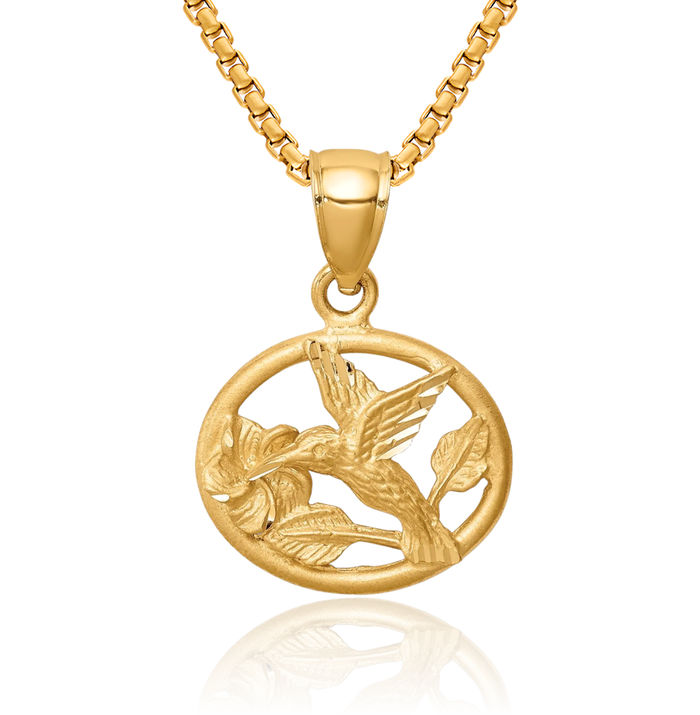 14K Solid Yellow Gold Hummingbird Necklace Bird Pendant Charm