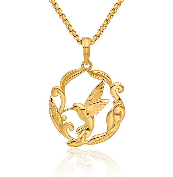 14K Solid Yellow Gold Hummingbird Necklace Bird Pendant Charm