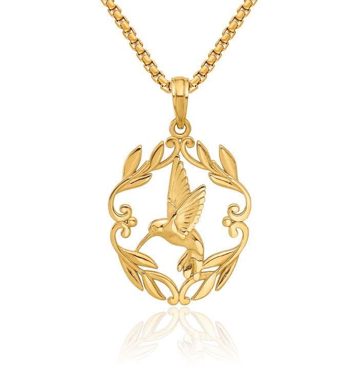 14K Solid Yellow Gold Hummingbird Necklace Bird Pendant Charm
