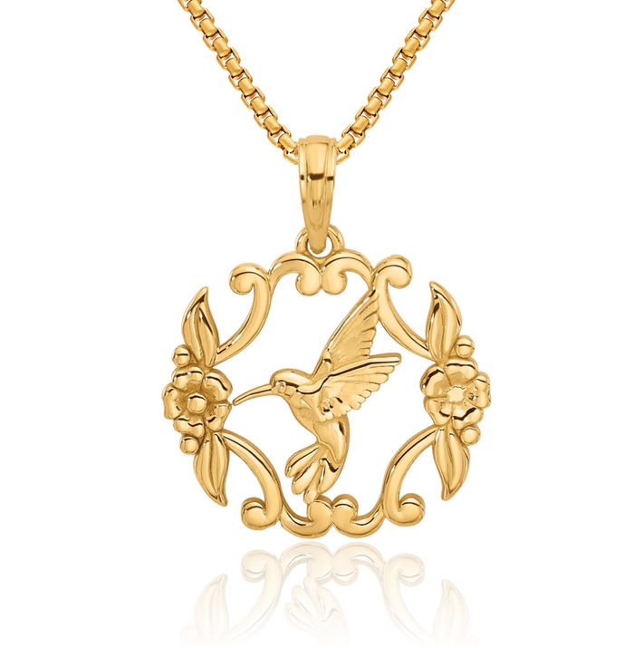 14K Solid Yellow Gold Hummingbird Necklace Bird Pendant Charm