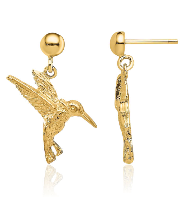 14K Solid Yellow Gold Hummingbird Post Drop Dangle Earrings