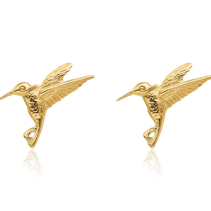 14K Solid Yellow Gold Hummingbird Stud Earrings