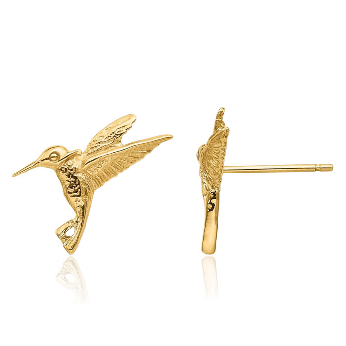 14K Solid Yellow Gold Hummingbird Stud Earrings