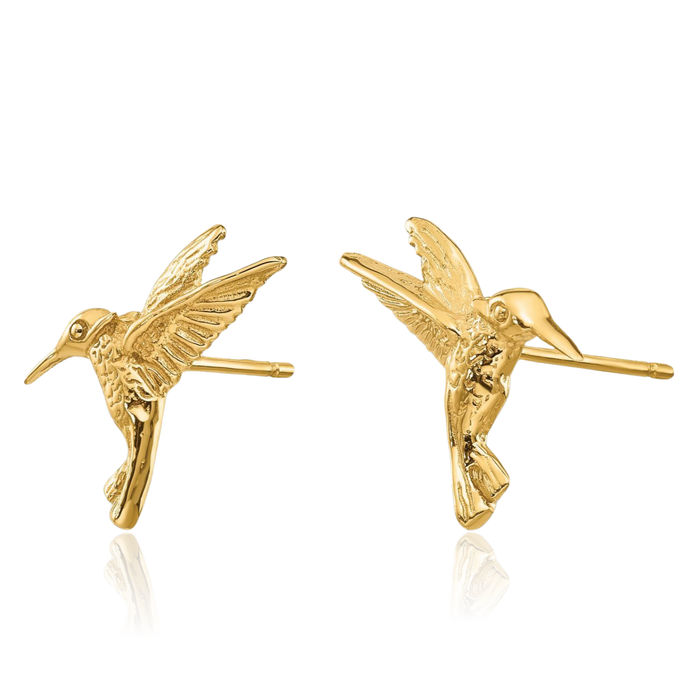 14K Solid Yellow Gold Hummingbird Stud Earrings