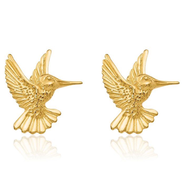 14K Solid Yellow Gold Hummingbird Stud Earrings