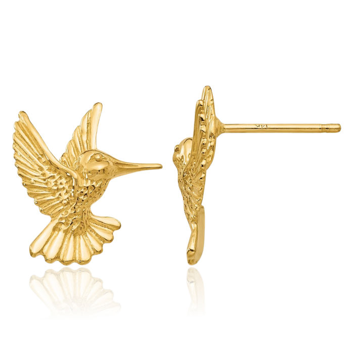 14K Solid Yellow Gold Hummingbird Stud Earrings