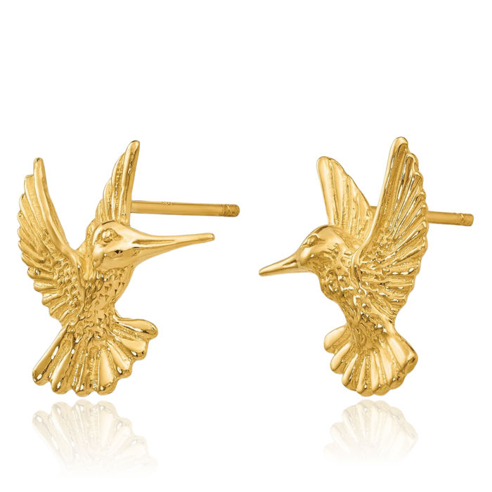 14K Solid Yellow Gold Hummingbird Stud Earrings