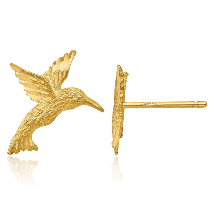 14K Solid Yellow Gold Hummingbird Stud Earrings