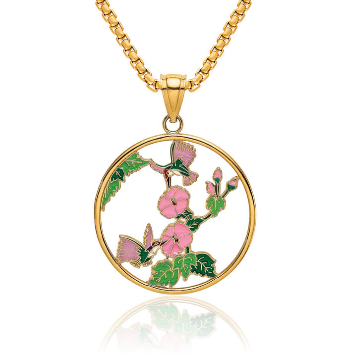 14K Solid Yellow Gold Hummingbirds Flowers Circle Round Necklace Bird Pendant Charm