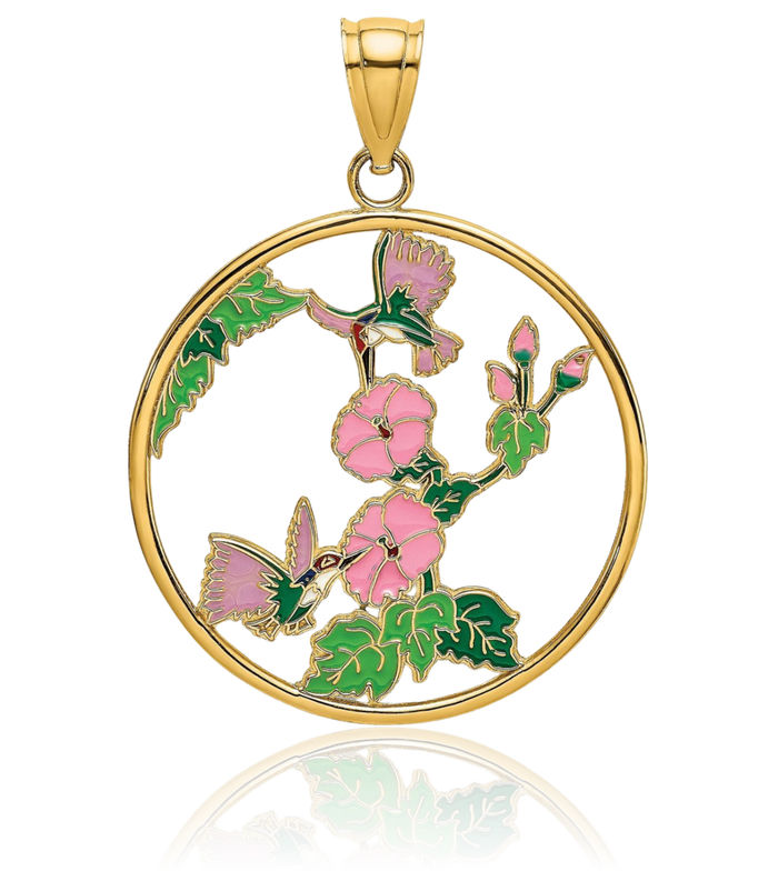 14K Solid Yellow Gold Hummingbirds Flowers Circle Round Necklace Bird Pendant Charm