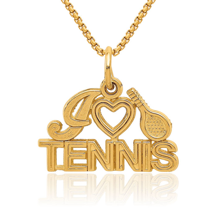 14K Solid Yellow Gold I Love Heart Tennis Necklace Charm Sports Pendant