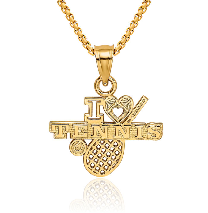14K Solid Yellow Gold I Love Heart Tennis Necklace Charm Sports Pendant