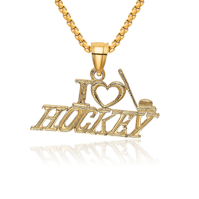 14K Solid Yellow Gold I Love Hockey Goalie Stick Puck Glove Necklace Charm Sports Pendant