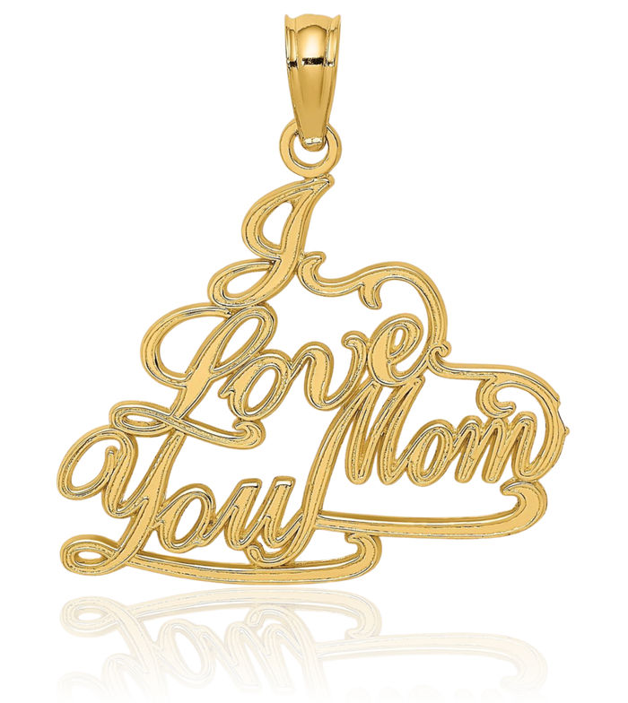 14K Solid Yellow Gold I Love You Mom Necklace Mama Charm Mother Pendant